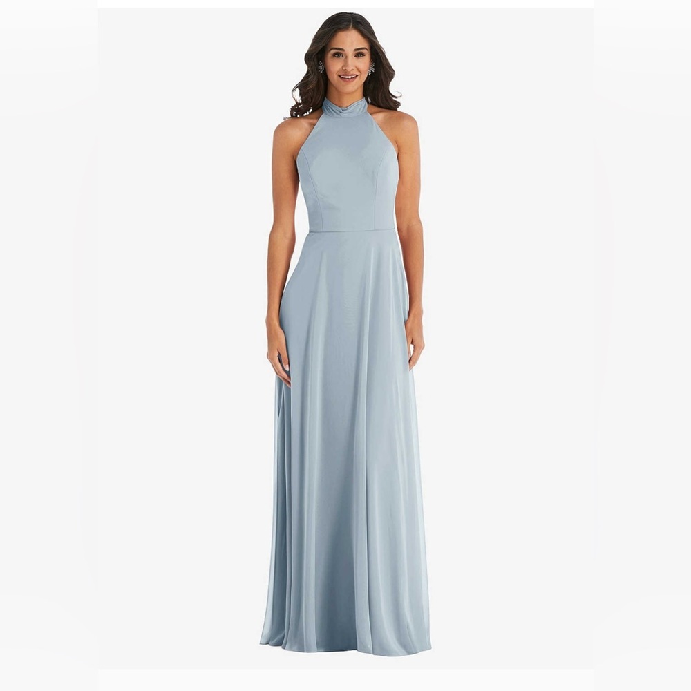 New After Six HIGH NECK HALTER BACKLESS MAXI DRESS IN MIST Size 14R Mist Blue - Picture 2 of 7